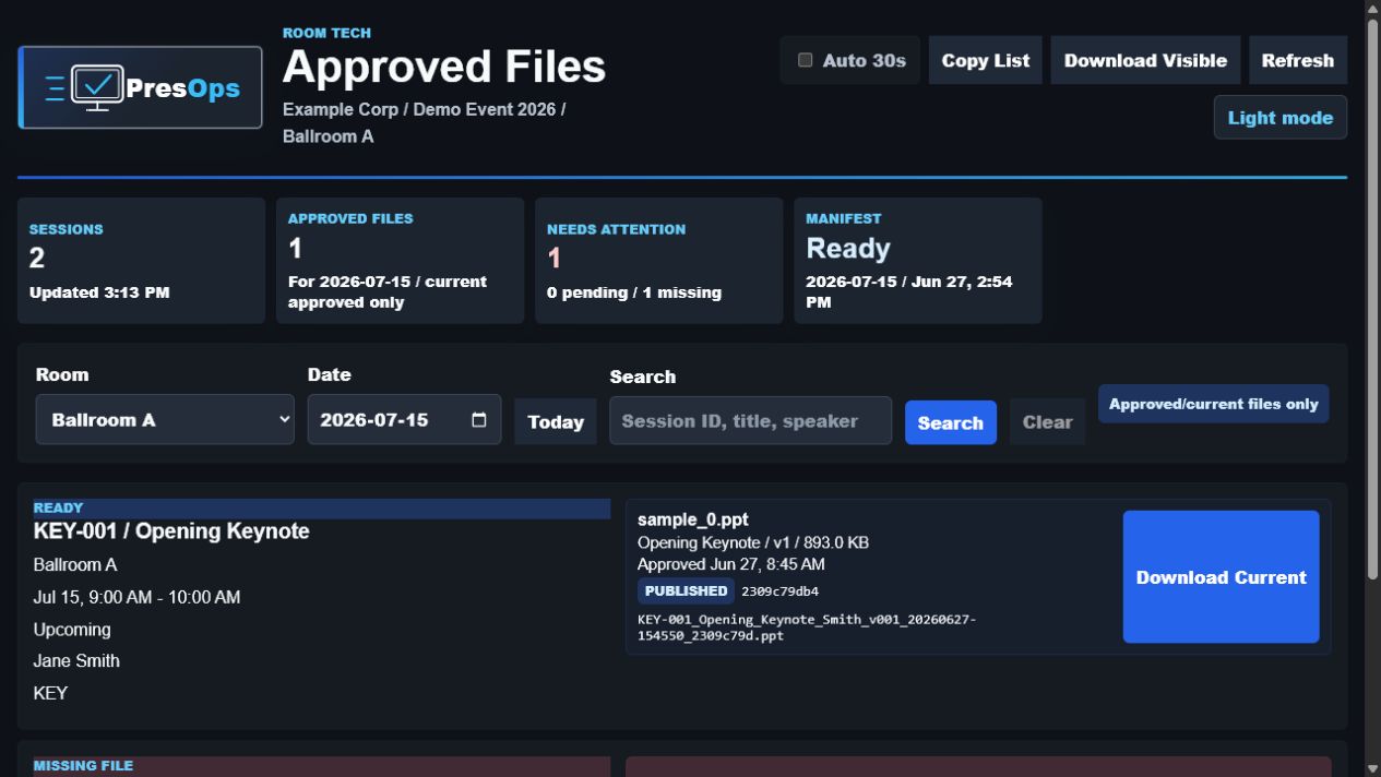 PresOps Room Tech approved files screen