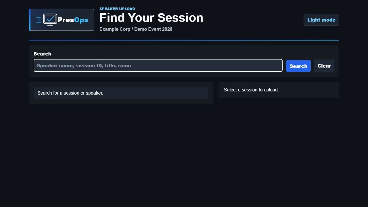 PresOps Speaker Upload search screen